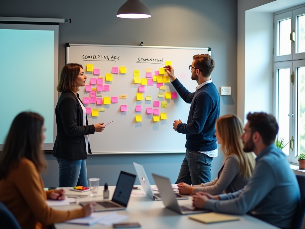 Professionals collaborating with sticky notes on a whiteboard in a modern office.