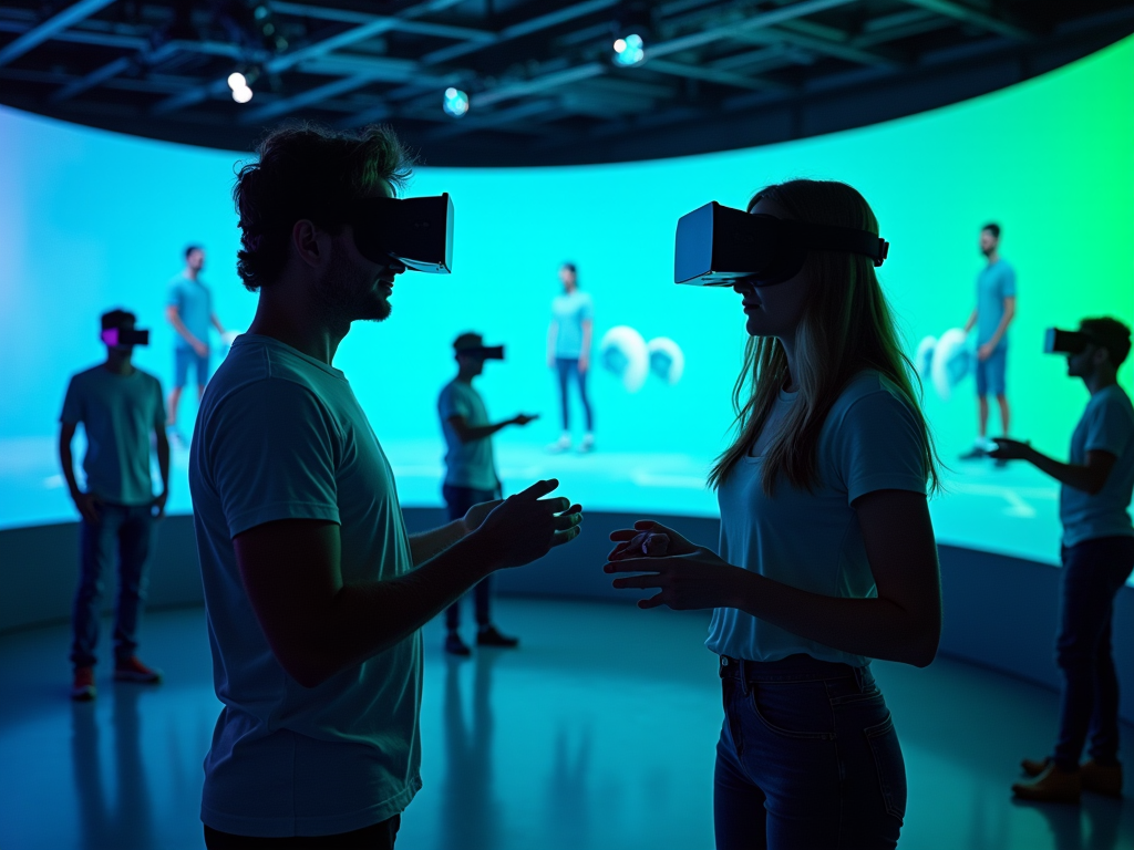 People using VR headsets in a room with blue lighting, interacting and exploring virtual spaces.