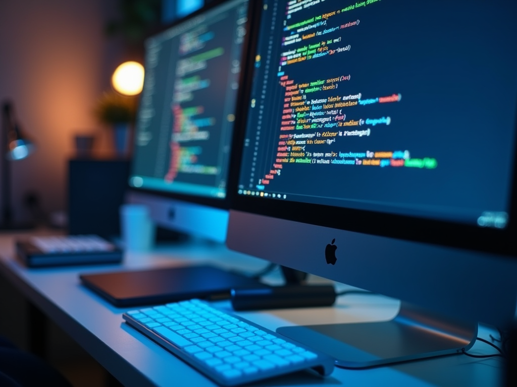 Dual computer monitors displaying colorful coding scripts in a modern, dimly lit office.