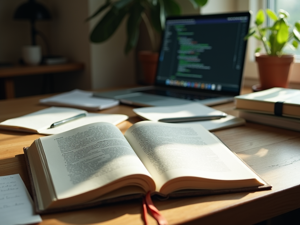 Open book and laptop with code on screen on a sunny desk, surrounded by plants and study materials.