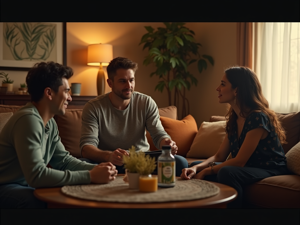 Three people enjoying a conversation in a cozy living room with warm lighting.