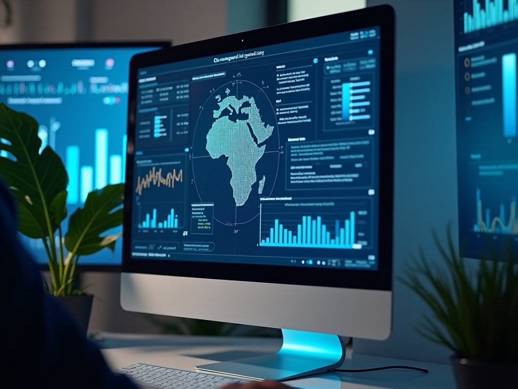 Person analyzing global digital data on computer screens in a modern office.