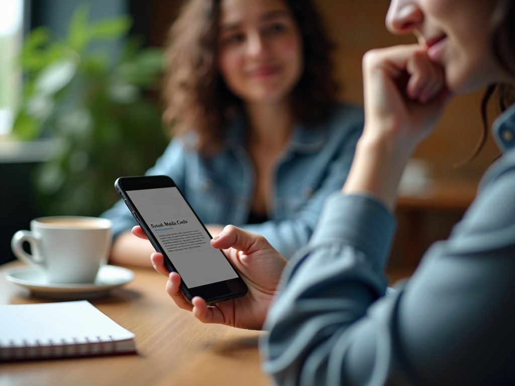 Two women at a cafe, one showing a smartphone screen to the other with text visible.