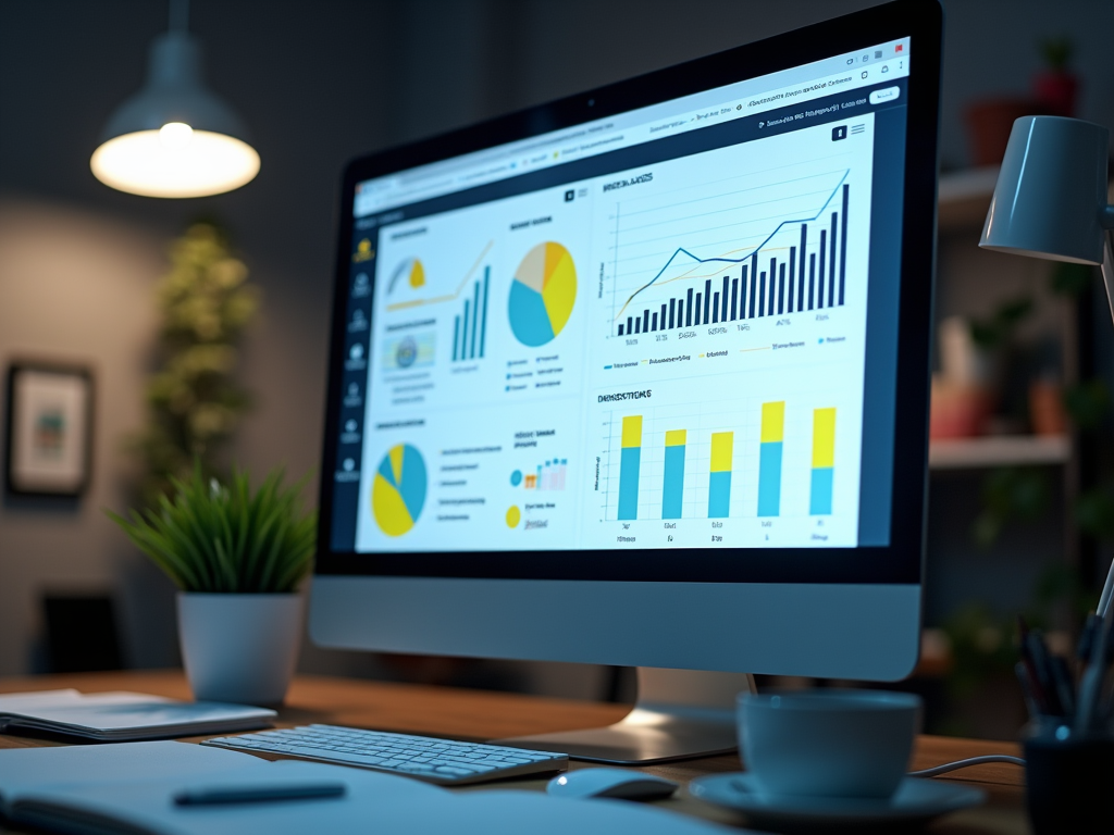 Computer screen showing detailed charts and graphs in a cozy office setting.