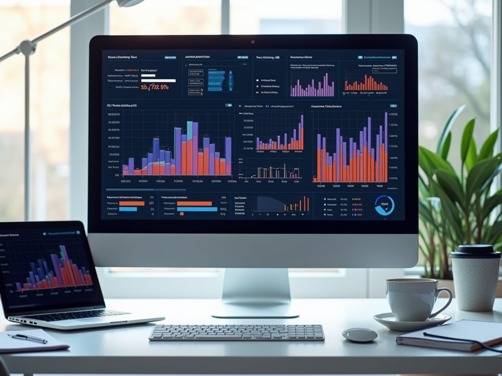 A tidy desk setting with a monitor and laptop displaying colorful financial charts, a cup of coffee, and a plant.