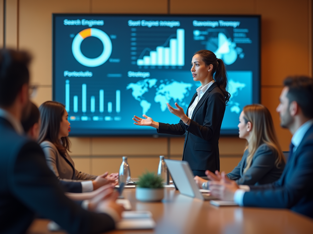 Businesswoman presenting digital marketing data to colleagues in a boardroom with graphs on a screen.