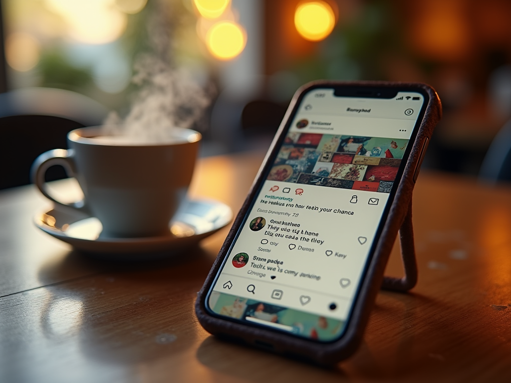 Smartphone displaying social media feed on a table beside a steaming coffee cup in a cozy café setting.