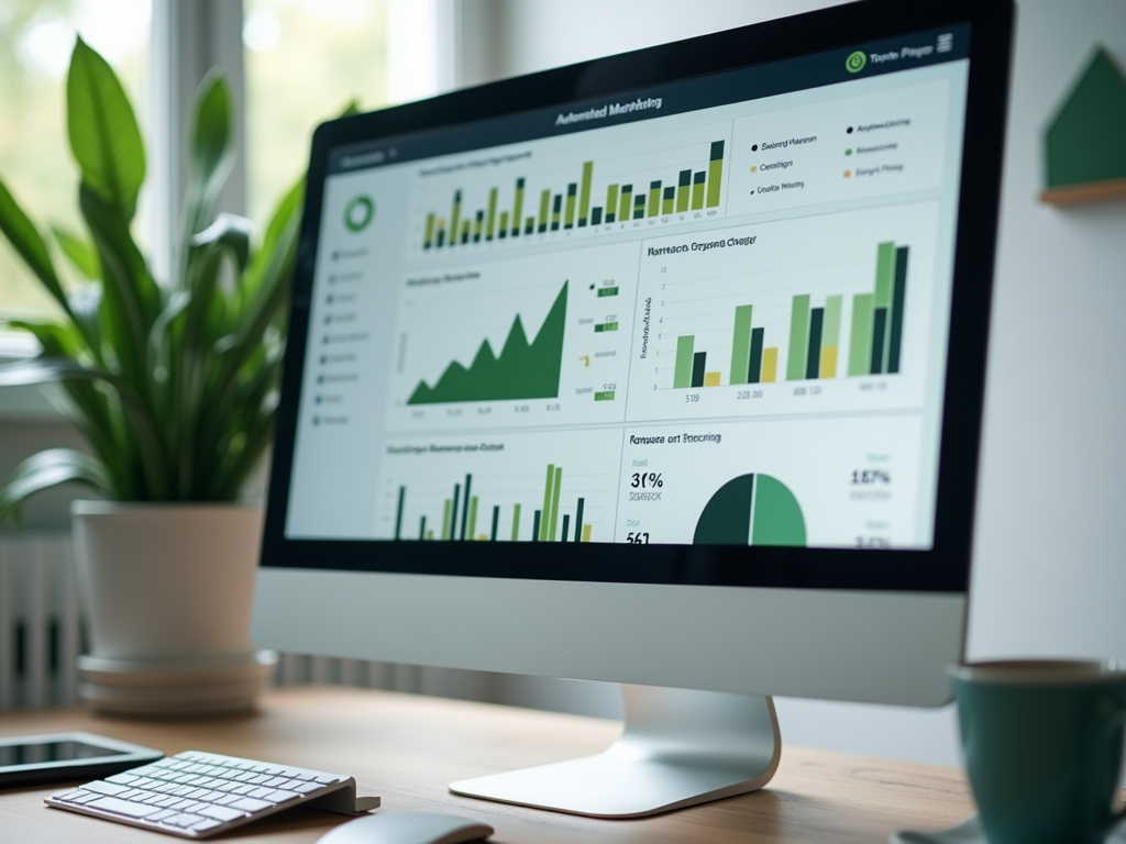 A computer monitor displaying colorful graphs and data analytics on an office desk, surrounded by plants.