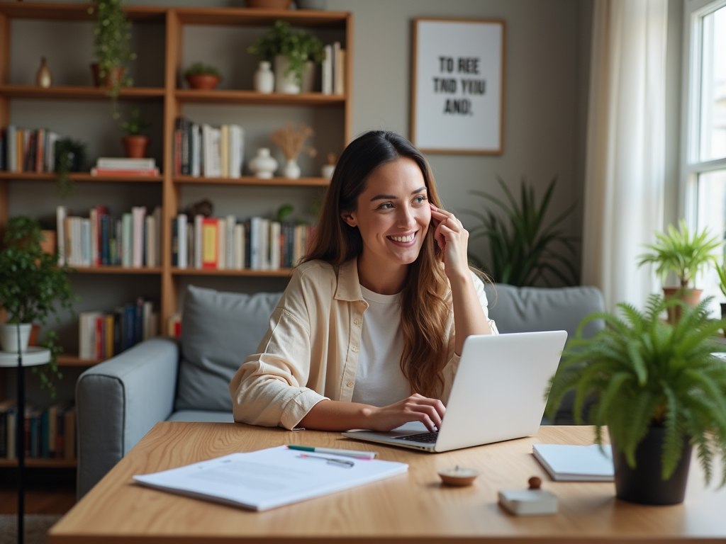 Smiling woman using laptop at home office with bookshelves and plants in the background.