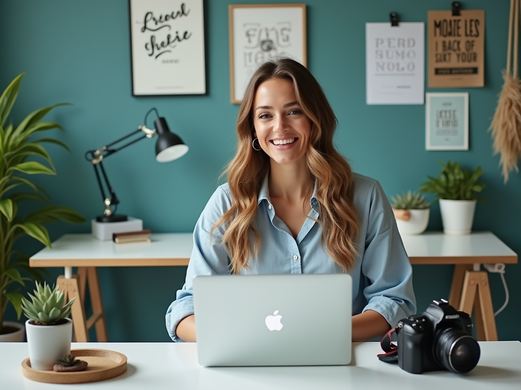 Smiling woman working on laptop in a stylish home office with plants and decor.