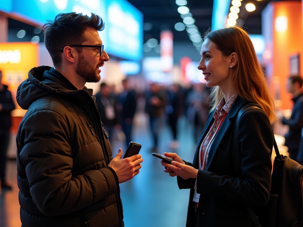 Two professionals engaging in a conversation at a vibrant tech conference with smartphones in hand.