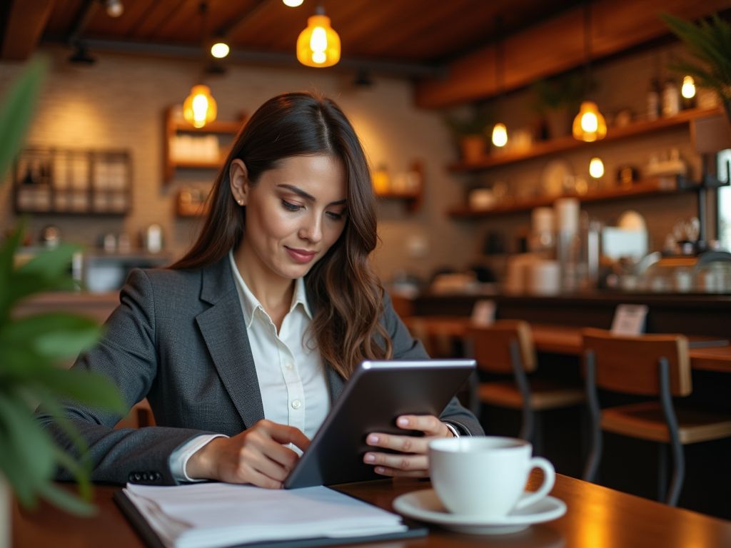 Woman in business attire using tablet in a cozy café with warm lighting.