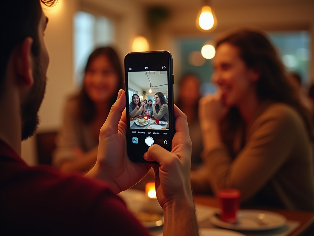 A person takes a photo of friends laughing at a dinner table, creating a lively and joyful atmosphere.