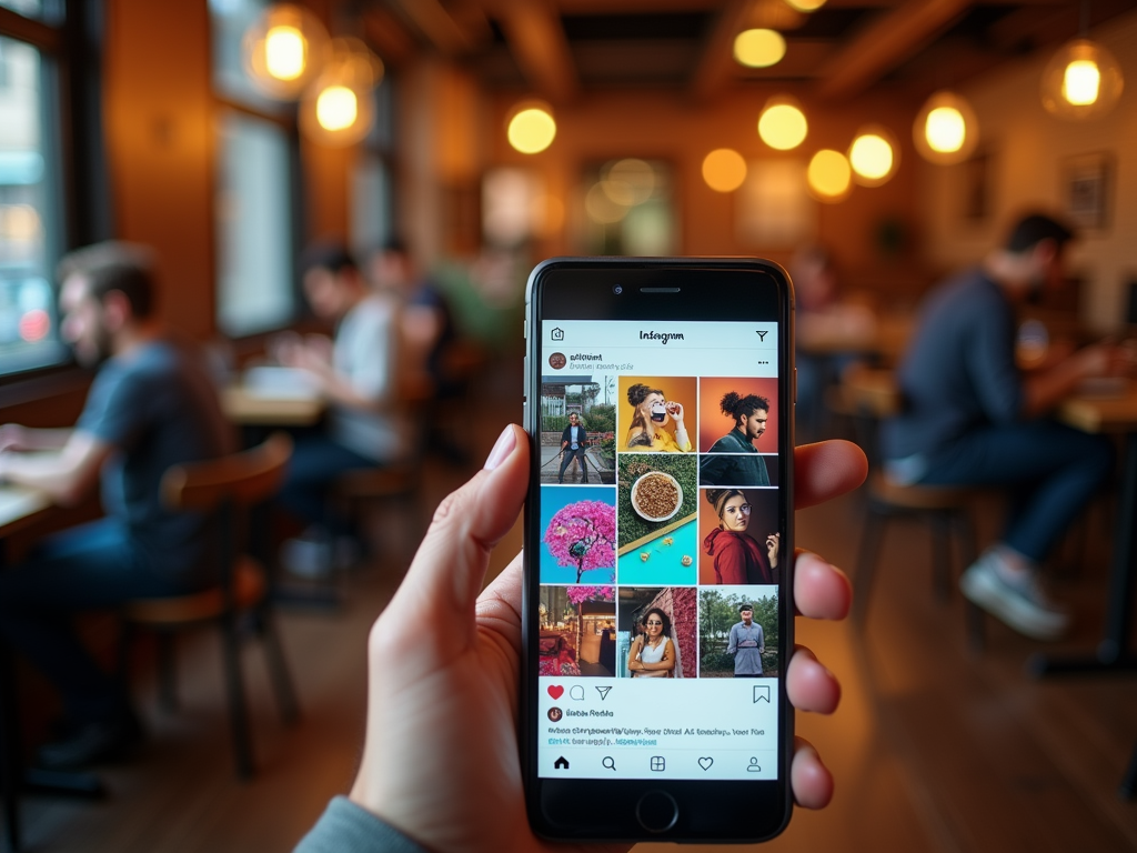 A hand holding a smartphone displaying an Instagram feed, with blurred people in a café setting in the background.