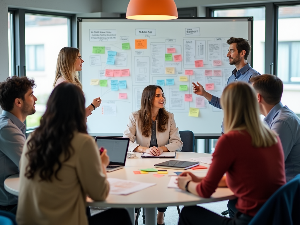 A group of professionals engage in a meeting, discussing ideas with a presentation board in the background.