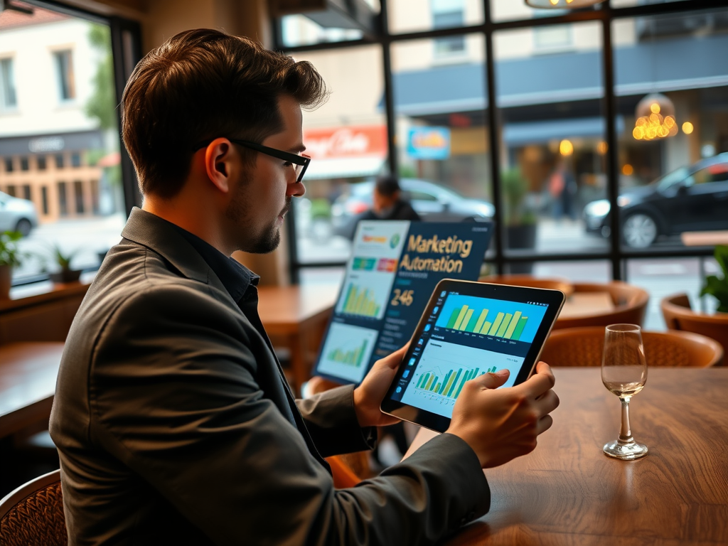 A man in a blazer uses a tablet displaying charts in a café, with a glass of water on the table.