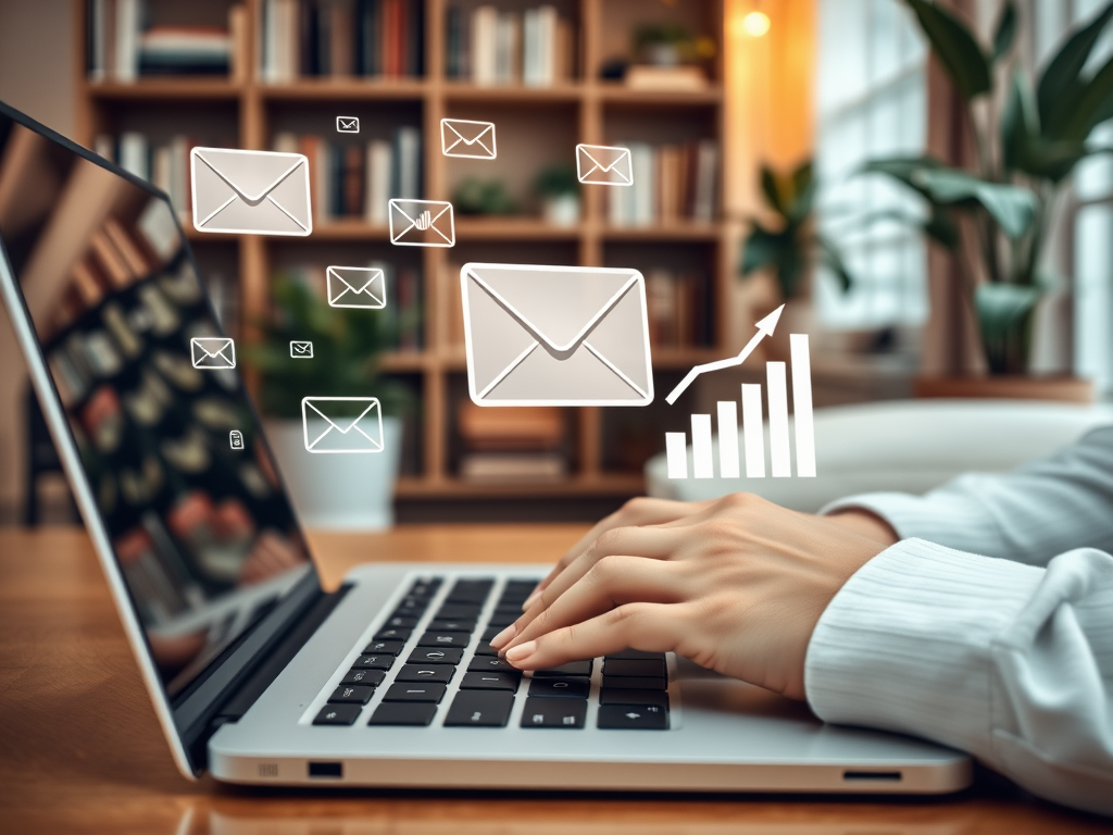 A person types on a laptop, with email icons and a rising graph visible over a cozy, book-filled background.