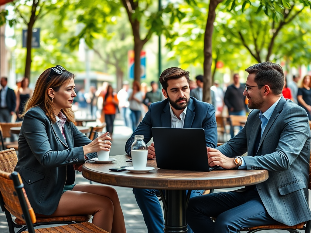 Three professionals engage in a discussion at an outdoor café, with a laptop and drinks on the table.