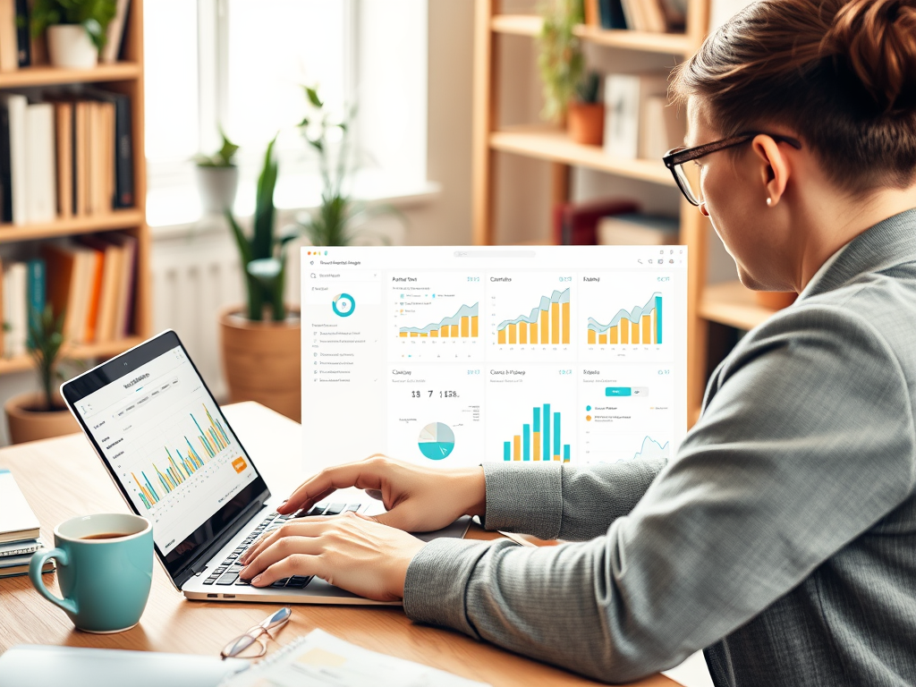 A person analyzes data on a laptop, surrounded by books and plants, with various graphs displayed on the screen.