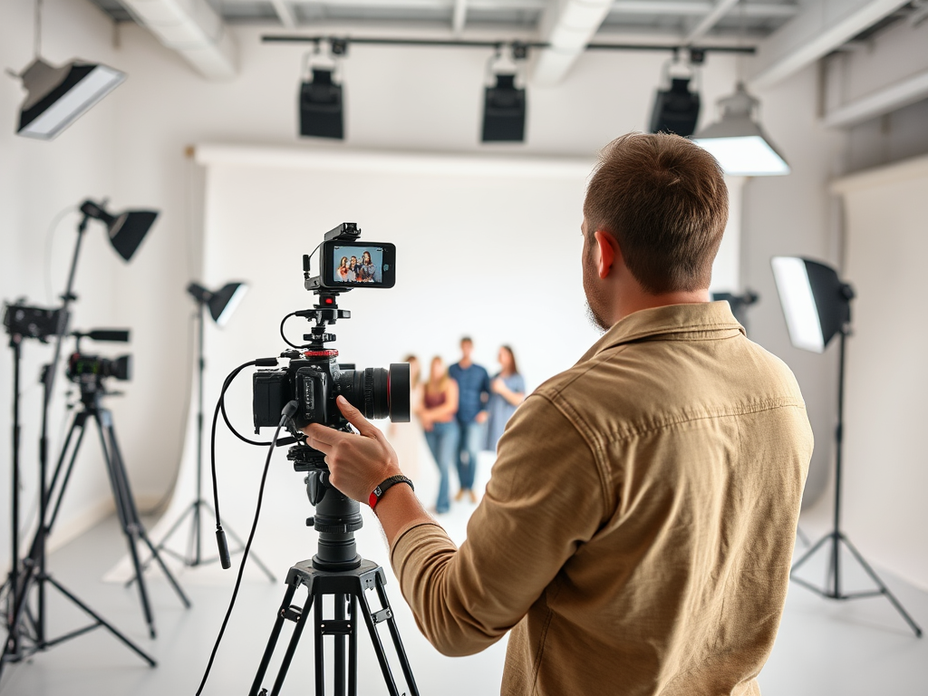 A photographer captures a group posing behind a camera in a well-lit studio with various lighting equipment.