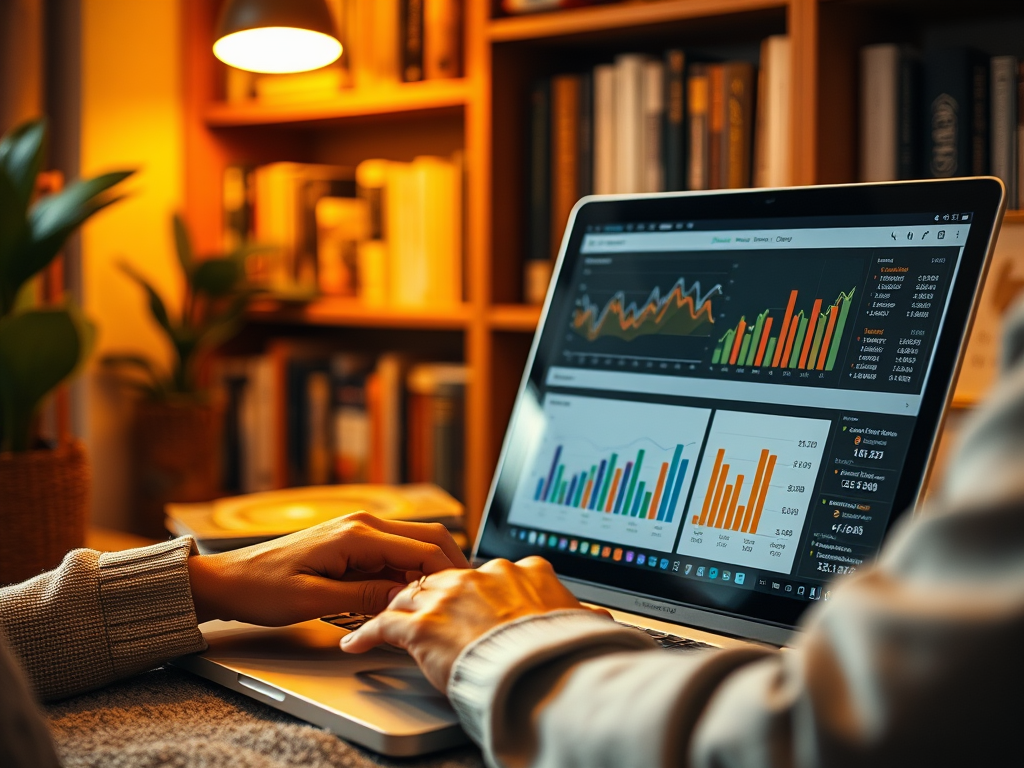 A person examining data analytics on a laptop, with colorful charts and graphs displayed, in a cozy setting.