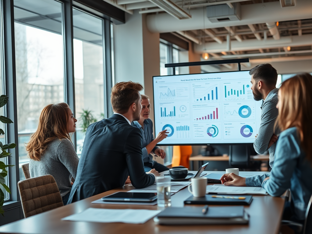 A group of professionals discuss data displayed on a screen during a meeting in a modern office setting.