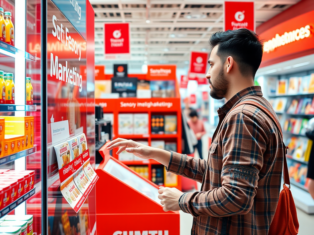 A man examines products in a brightly lit store, focused on a display while colorful packaging surrounds him.