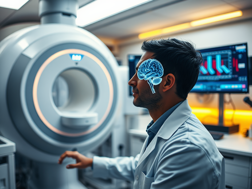 A male doctor in a lab coat is near an MRI machine, with a digital brain overlay on his head, in a medical setting.