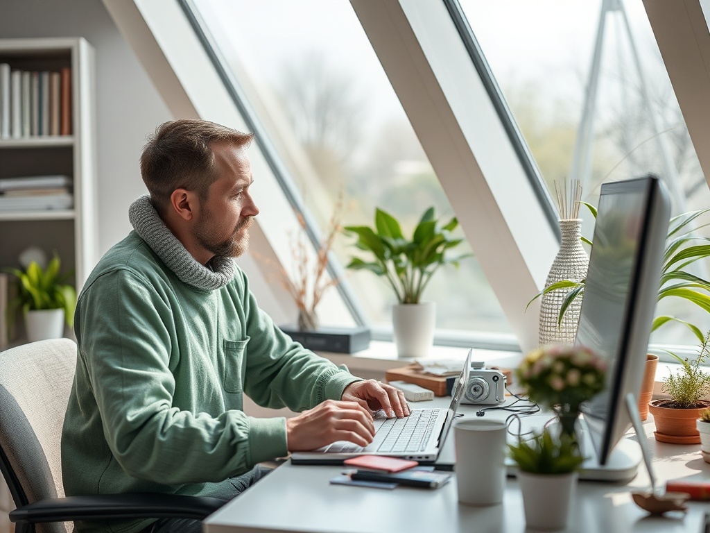 A man in a green sweater works on a laptop in a bright, plant-filled home office with large windows.