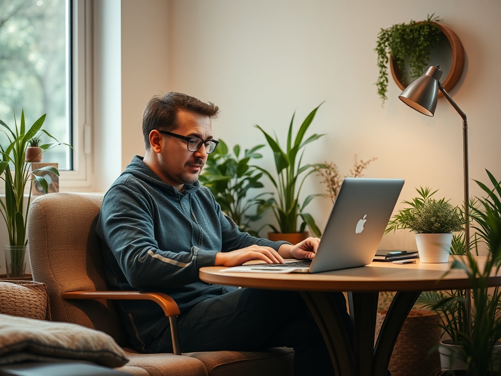 A man in a hoodie works on a laptop at a wooden table surrounded by houseplants in a cozy room.