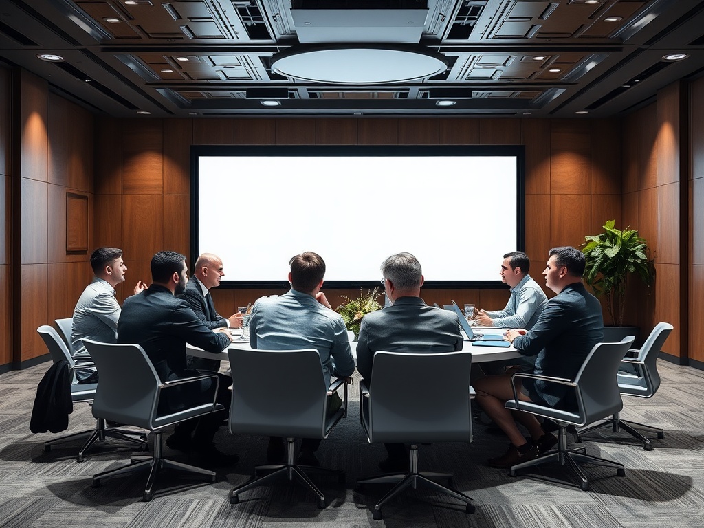 A business meeting in a modern conference room with professionals seated around a table, facing a blank screen.