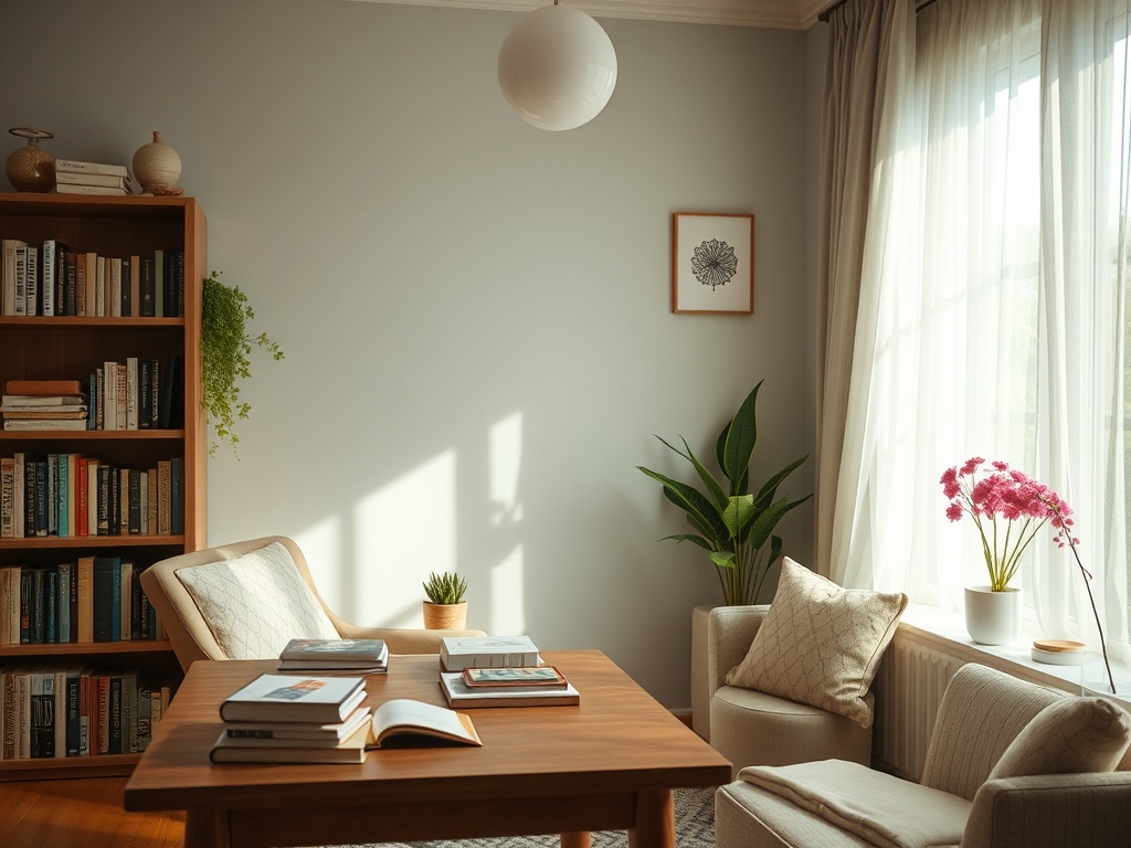 Cozy living room with a bookshelf, plants, and sunlight streaming through sheer curtains, creating a warm atmosphere.