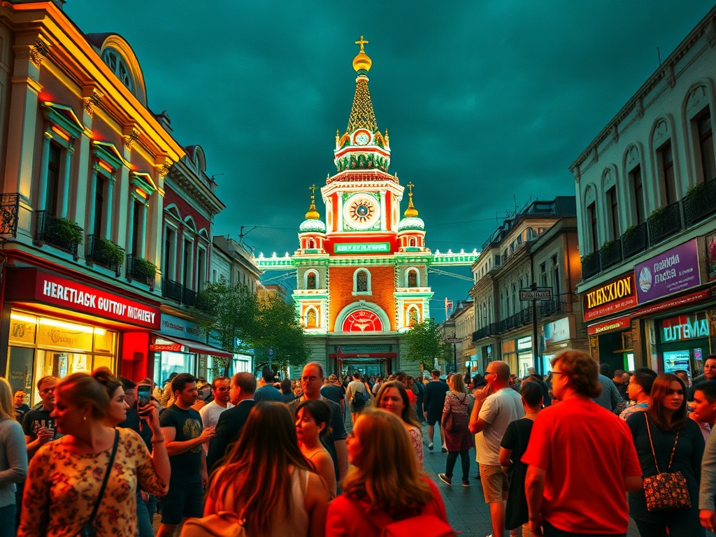 A busy street scene with crowds of people, featuring an illuminated building with colorful decorations under a dark sky.