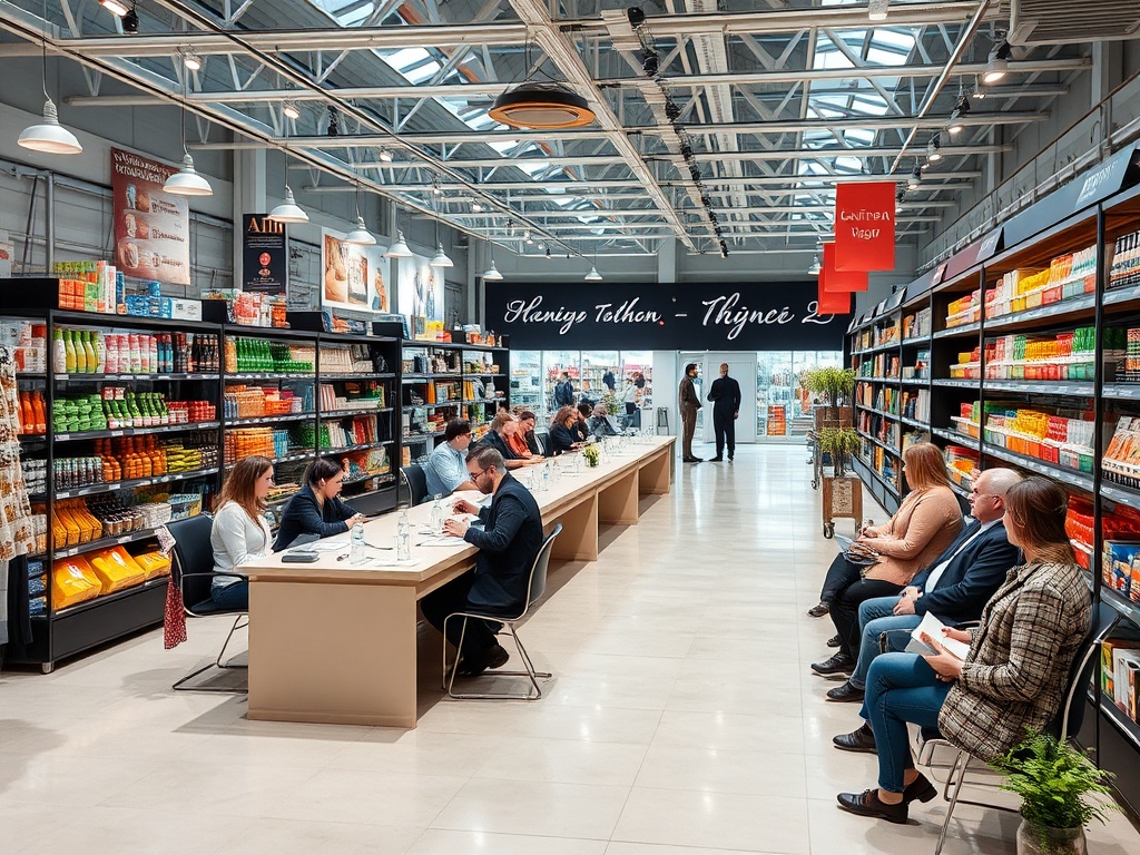 A modern store interior with shelves of products; people seated at a table and others waiting nearby.
