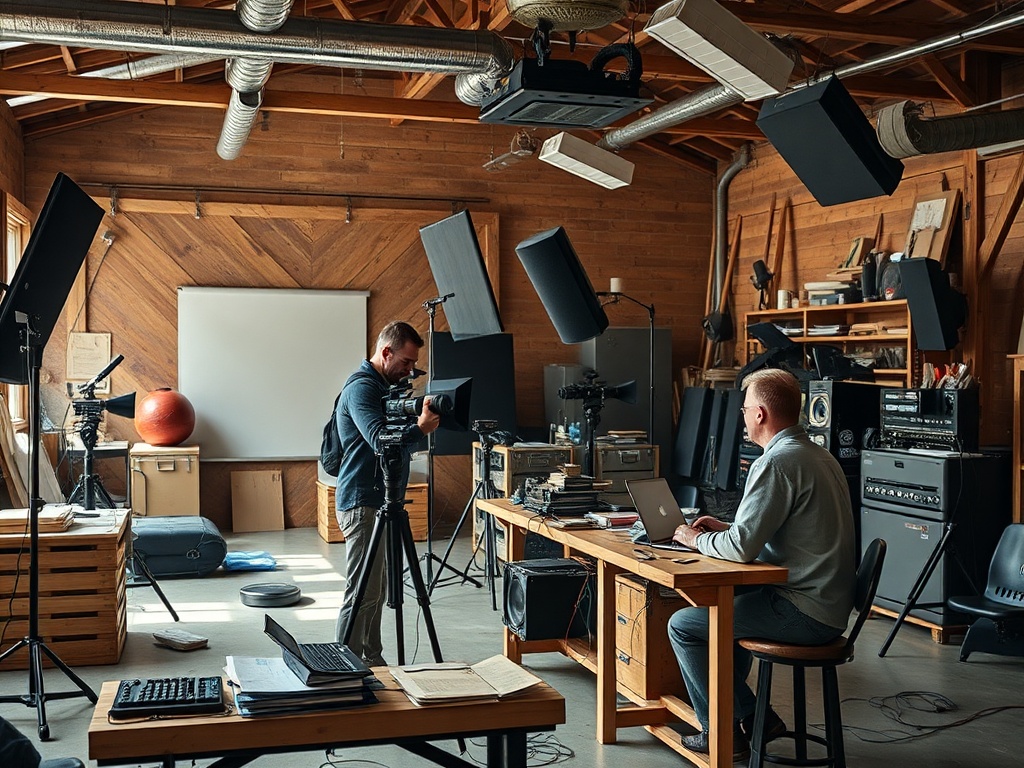 A photographer sets up a camera in a studio while a seated individual works on a laptop at a wooden table.